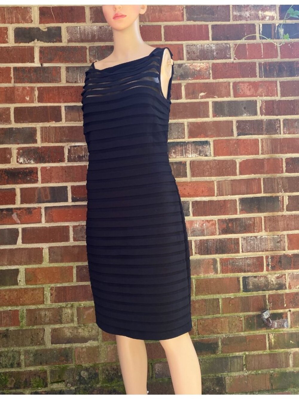 Adrianna Papell Black Shutter Pleat Midi Dress Sleeveless 10 Cocktail,Stretch - Picture 3 of 11